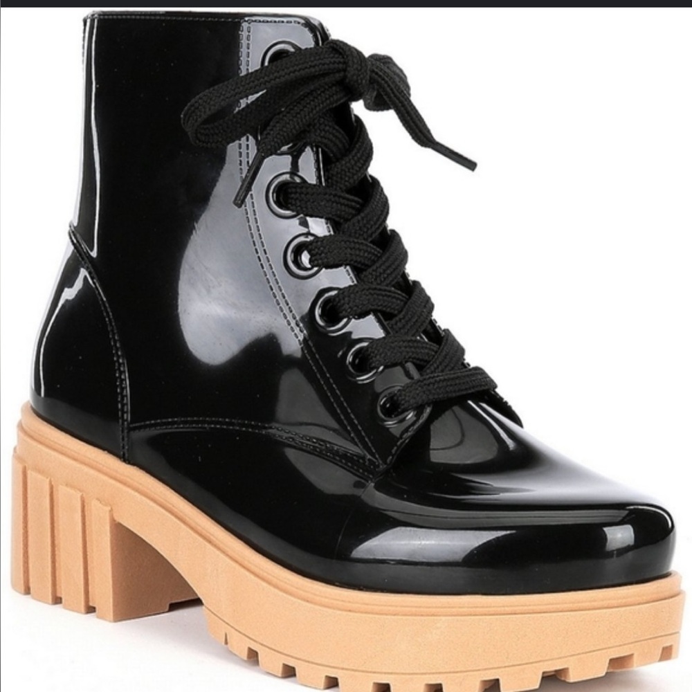 Gianni Bini Black Patent Lace-Up Boots with Tan Sole